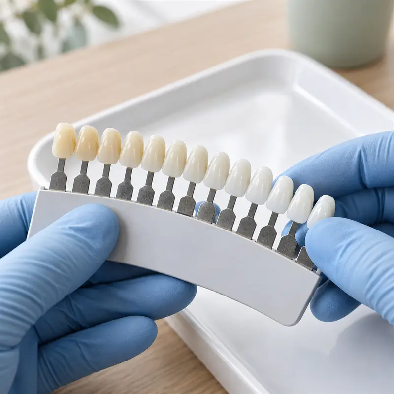 Manos con guantes sostienen una guía de tonos dentales junto a una bandeja