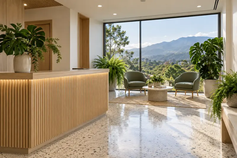 Sala de espera con sillones verdes, plantas y ventanal hacia los cerros
